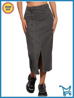 Long Denim Skirt Zipper Front Split Hem Jean Skirt